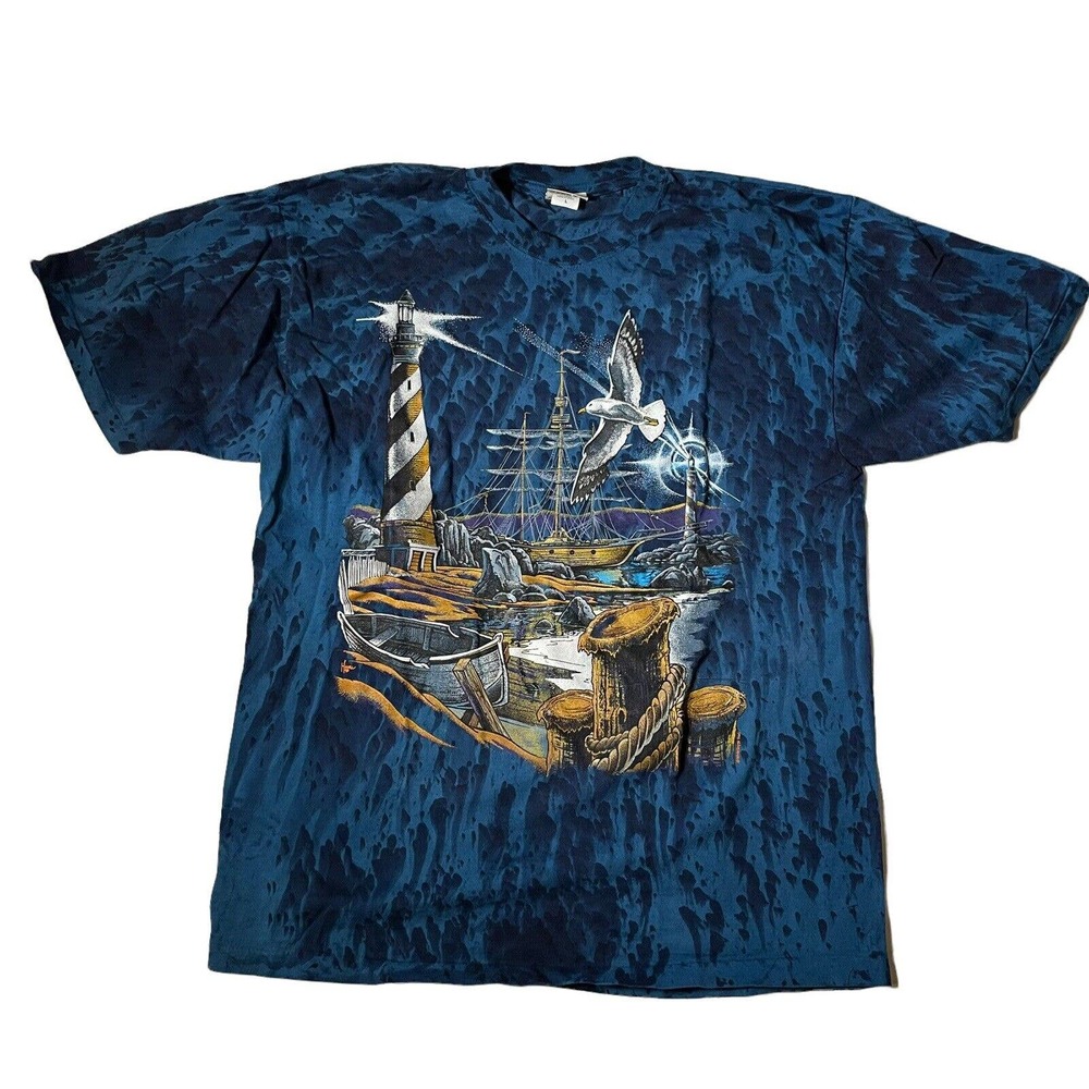 Vintage 90's‎ Tie Dye Boat Ship Seagull Ocean T Shirt XL Men's USA Blue